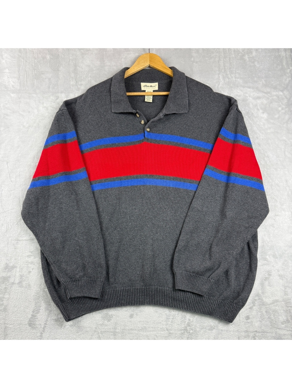 Vintage Eddie Bauer XXXL Gray Red Blue Stripe Cotton Rugby Polo Sweater Retro